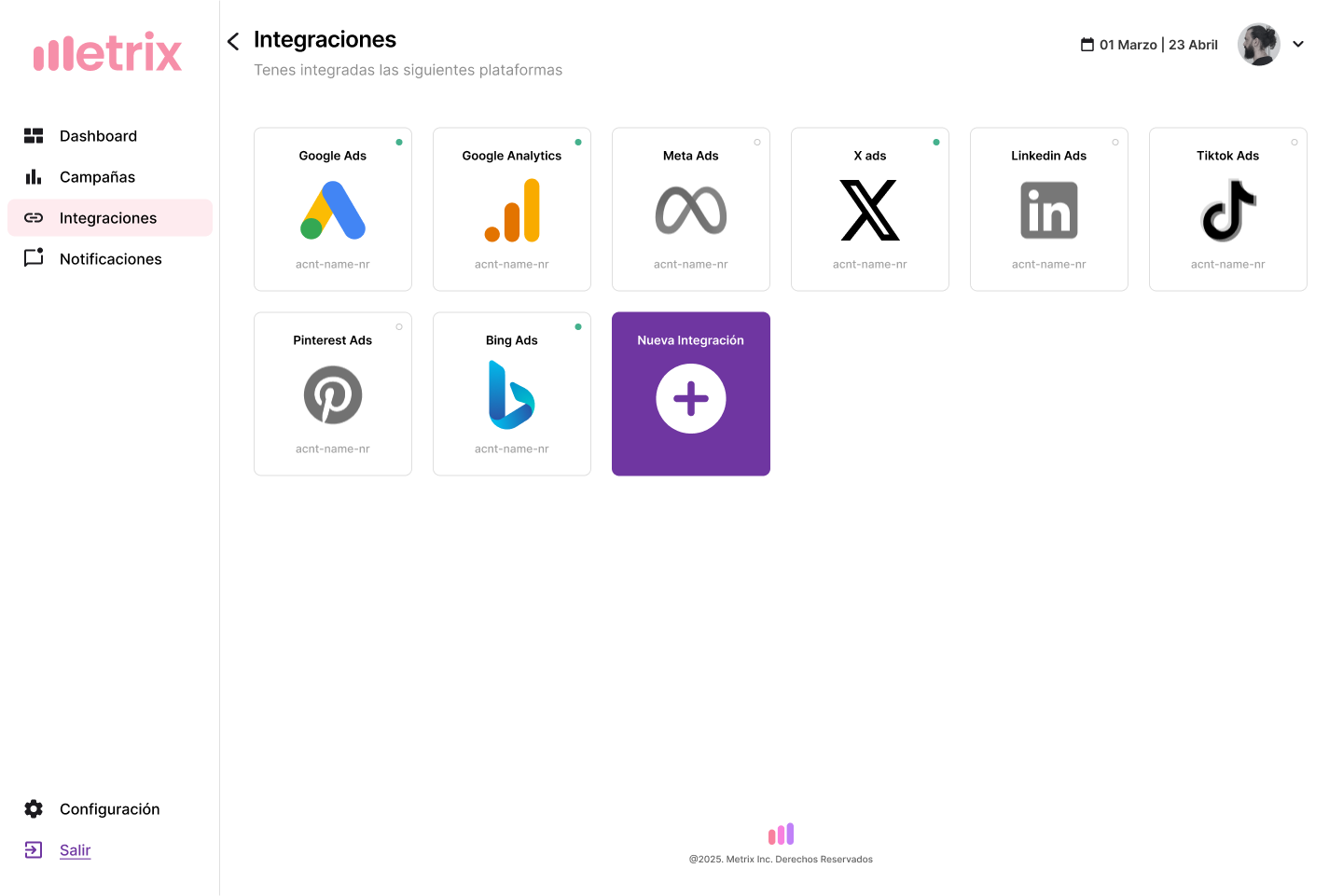 Pantalla de integraciones de Metrix con LinkedIn Ads conectado por OAuth junto a Meta y Google